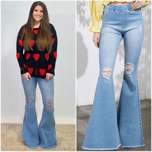 Light Denim Distressed Pull On Bell Bottoms Jeans